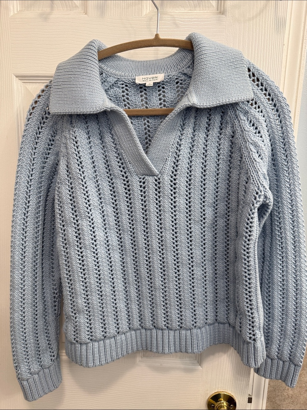 Have Pale Blue Open-Knit Collared V-Neck Sweater Size M